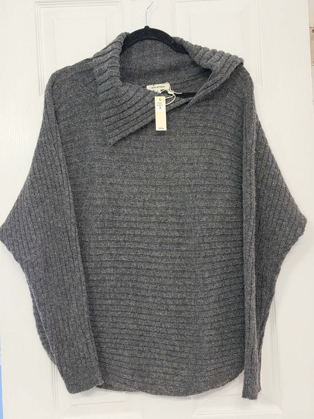 Max Studio Dark Gray Ribbed Shawl Collar Pullover Sweater S NWT